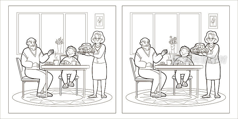 祖父母和他们的孙子在喝茶。找到10差异。益智涂色本是一款儿童游戏。黑白矢量线艺术插图