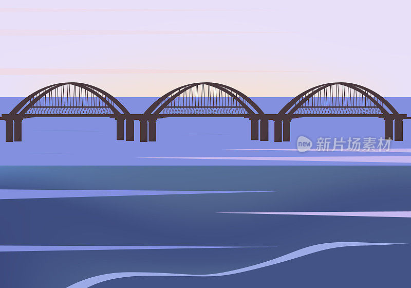 大桥日落、日出、黎明。横跨河流的城市行人或交通桥梁的建筑结构。早晨或傍晚阳光明媚，风景如画。向量