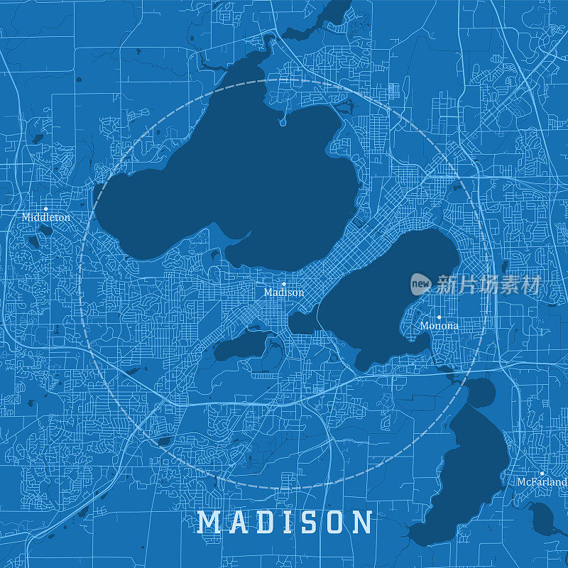 麦迪逊WI城市矢量道路地图蓝色文本