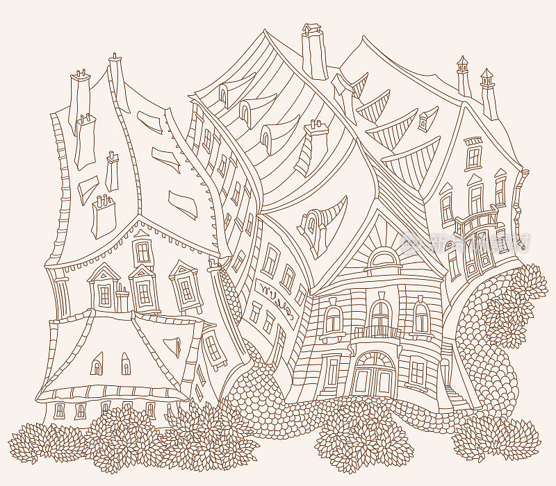 向量棕色和米色勾勒出奇幻的风景，童话般的小镇中世纪建筑。T恤打印。成人涂色书页，旅游手册