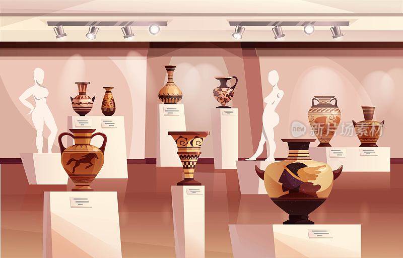 博物馆内部有古董希腊花瓶，古代传统的陶罐或壶的葡萄酒，雕塑。画廊与展览。卡通矢量插图。