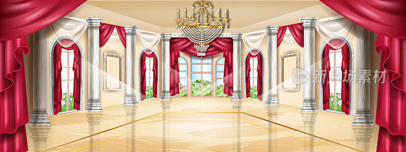 宫殿内部矢量背景，城堡大厅，经典的舞厅插图，拱形窗，大理石柱子。