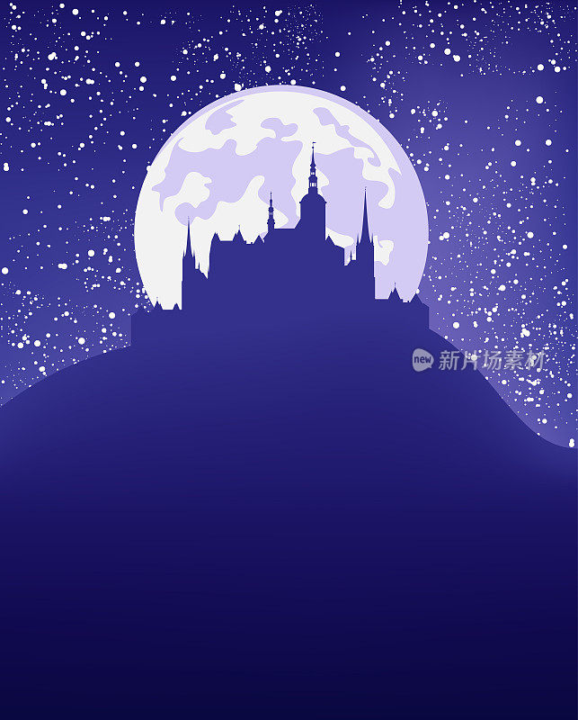 矢量夜景背景与童话城堡，满月和星星