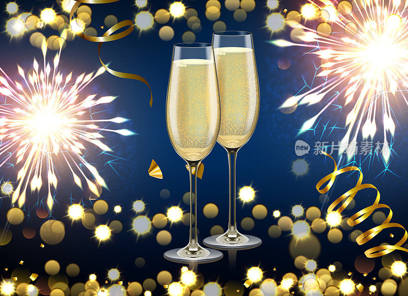 新年背景与烟花，彩纸和香槟