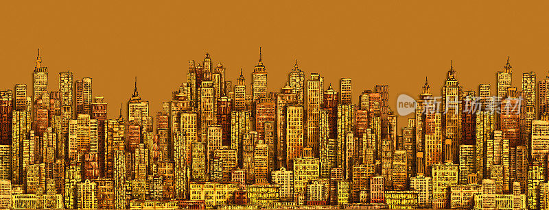 插图与建筑，摩天大楼，大城市的建筑物闹市区