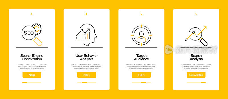 搜索引擎优化概念Onboarding移动应用程序页面屏幕与平面图标。UI设计模板矢量插图