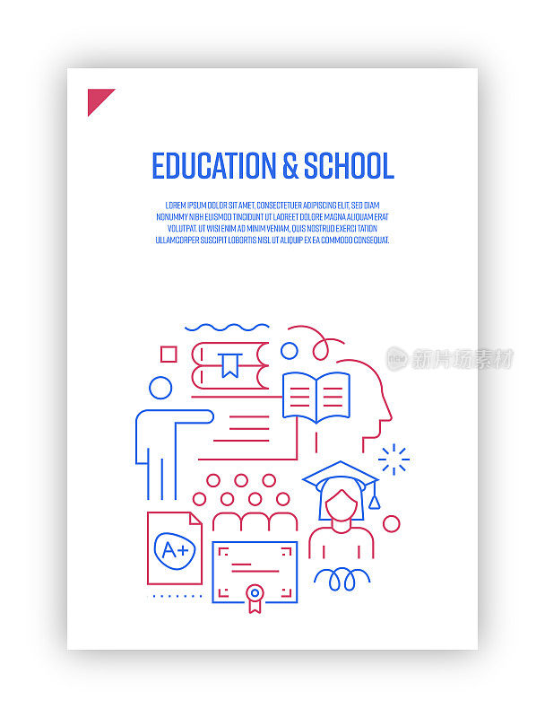 图解教育与学校概念的向量集。线条艺术风格的网页，横幅，海报，印刷等背景设计。矢量插图。