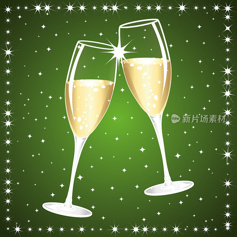 两杯香槟。吐司。事件。新年或周年纪念日快乐。绿色和金色矢量插图。