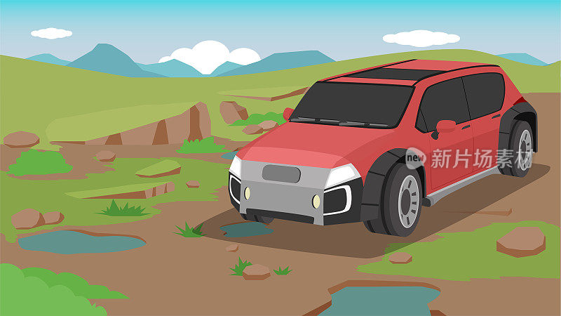 电动汽车越野汽车红色的土路。生态区域和大自然的绿草和石头泛滥。