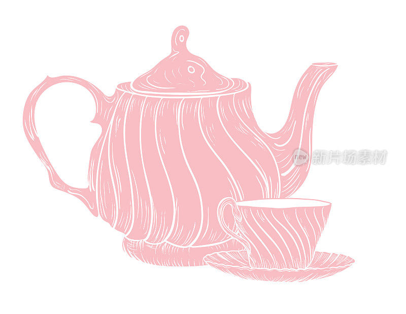 透明背景上的茶壶和茶杯剪影