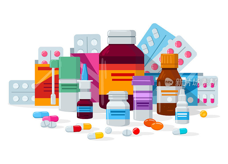 卡通药物，药丸，药物和咽喉喷雾剂。药瓶，胶囊和药丸水泡矢量背景插图。药物补充的概念