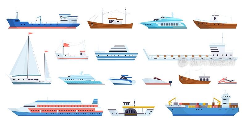 大大小小的海船。渔船、邮轮、帆船帆船、游艇、驳船运输船型、远洋运输油轮、帆船汽船、机动船、近代矢量插图