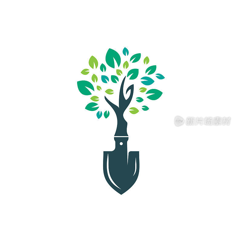 铲树矢量logo设计。绿色园林环境标志设计模板。