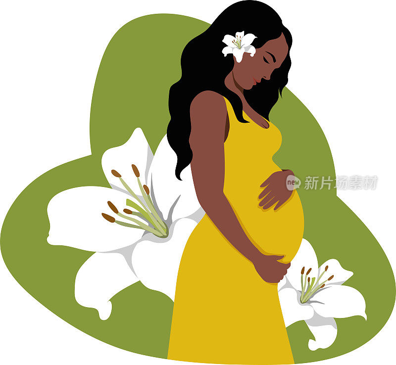 一位深色皮肤、身穿黄色连衣裙的美丽孕妇在白色百合花的绿色背景下拥抱着她怀孕的肚子。快乐的怀孕。矢量插图。