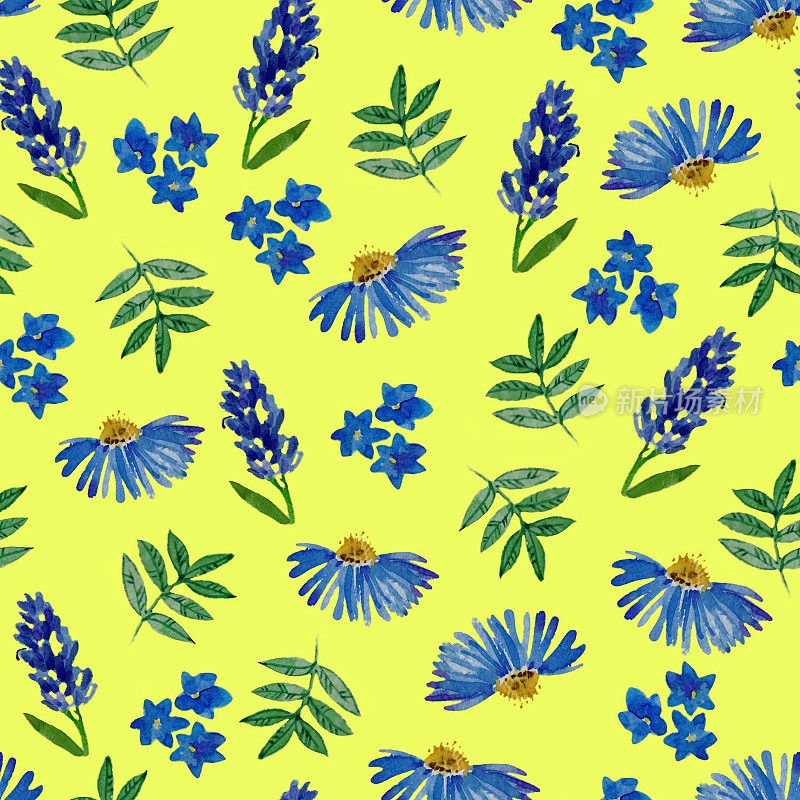 水彩手绘简单花朵，繁盛图案，不同的野花，暖黄色背景，蓝色甘菊，黄色，植物背景，多色花朵
