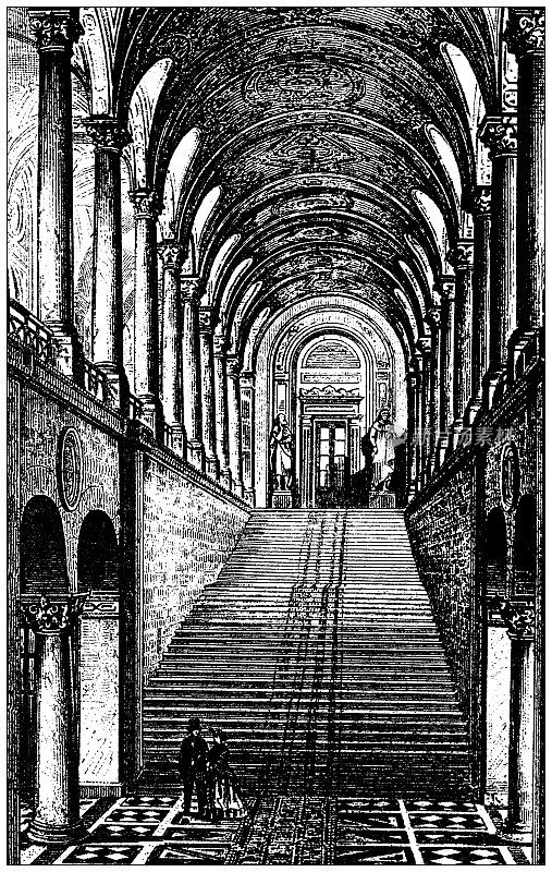 古董插图:建筑和建筑:慕尼黑图书馆楼梯