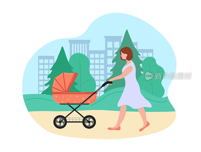 夏天推着婴儿车走路。穿着礼服的女人推着新生儿的婴儿车，小孩的婴儿车。年轻的母亲带着婴儿在公园散步。温暖的天气。矢量平面插图
