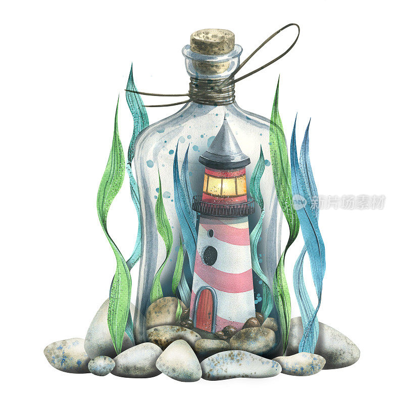 一个装着海藻和鹅卵石的玻璃瓶里的海上灯塔。水彩插图、写作。用于装饰、设计、室内装饰、明信片、纪念品、海报、印刷品、贴纸等。
