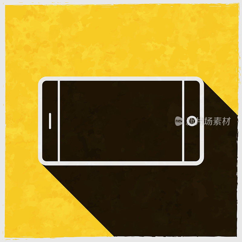 智能手机-水平位置。图标与长阴影的纹理黄色背景