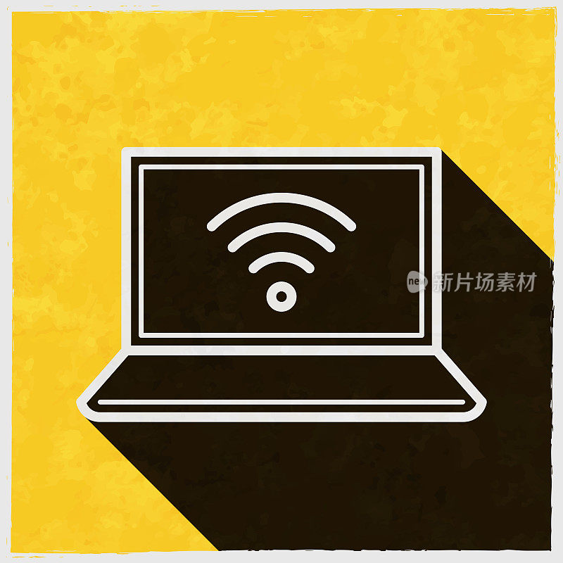 笔记本电脑无线网络。图标与长阴影的纹理黄色背景