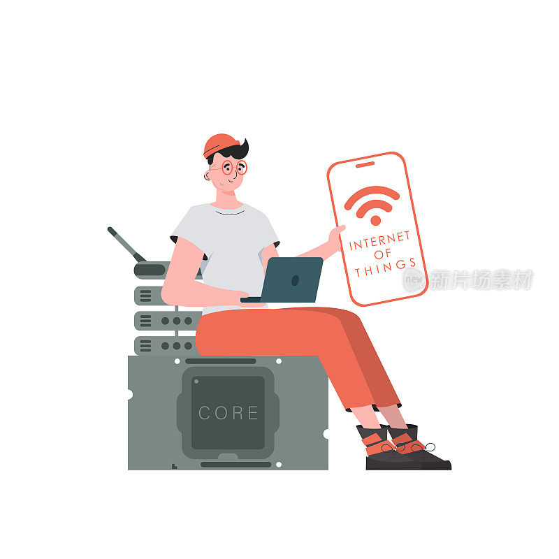 一名男子手里拿着一部手机，上面有IoT标志。物联网概念。时髦的公寓风格。矢量插图。