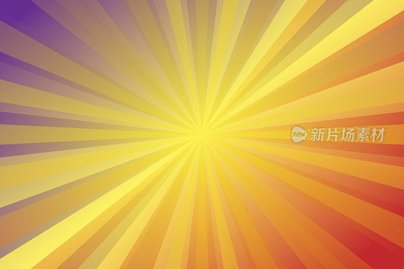 三色太阳爆发背景，太阳爆发图案，梯度黄色，紫色(紫色，品红)，绿色，蓝色射线的颜色。三色太阳爆发背景。