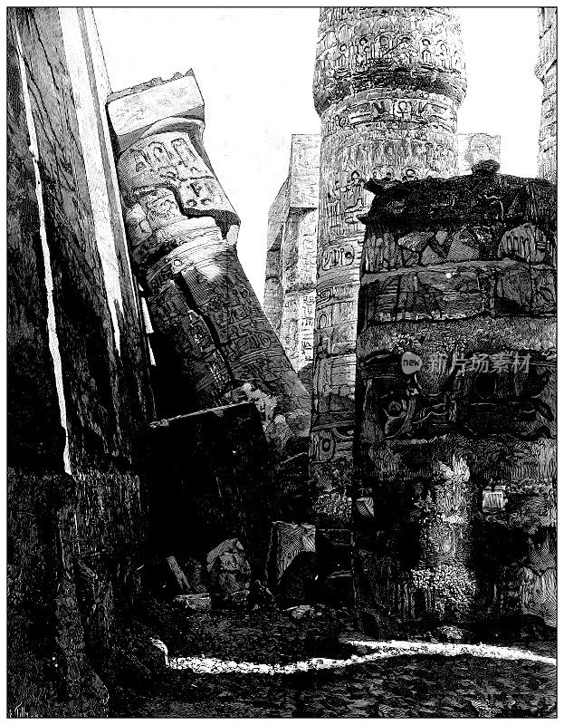 古董插图:卡纳克神庙倒塌的柱子