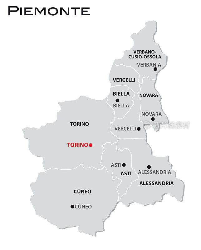 意大利皮埃蒙特地区简单的灰色行政地图