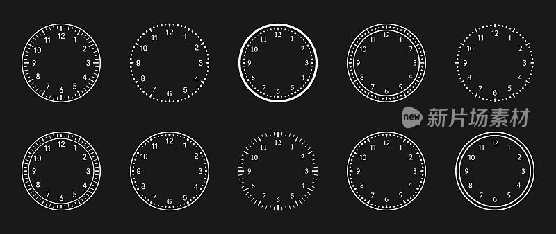 钟面。看数字。拨号图标。用刻度圈秒表。圆形轮廓现代时钟孤立在黑色背景。图形模板。向量
