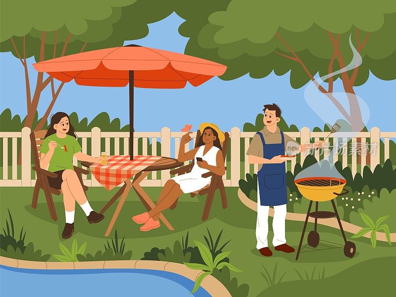 后院夏天让人们放松。烧烤派对，美丽的花园，男孩烹饪烧烤，女孩坐在桌子户外，快乐的人物，家庭野餐，或聚会，整洁的矢量卡通平面概念