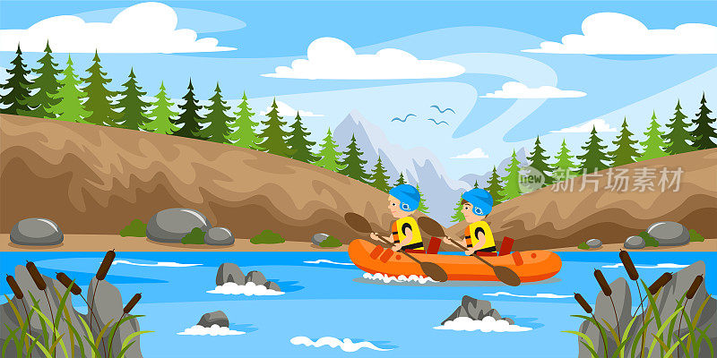 美丽的夏季皮划艇旅行矢量插图。卡通森林景观，男孩在皮划艇上，暴风雨的河流，芦苇，山脉。