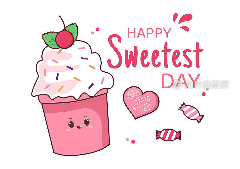 10月21日快乐甜蜜的一天甜蜜的节日活动手绘卡通平面插图与纸杯蛋糕和糖果在粉红色的背景