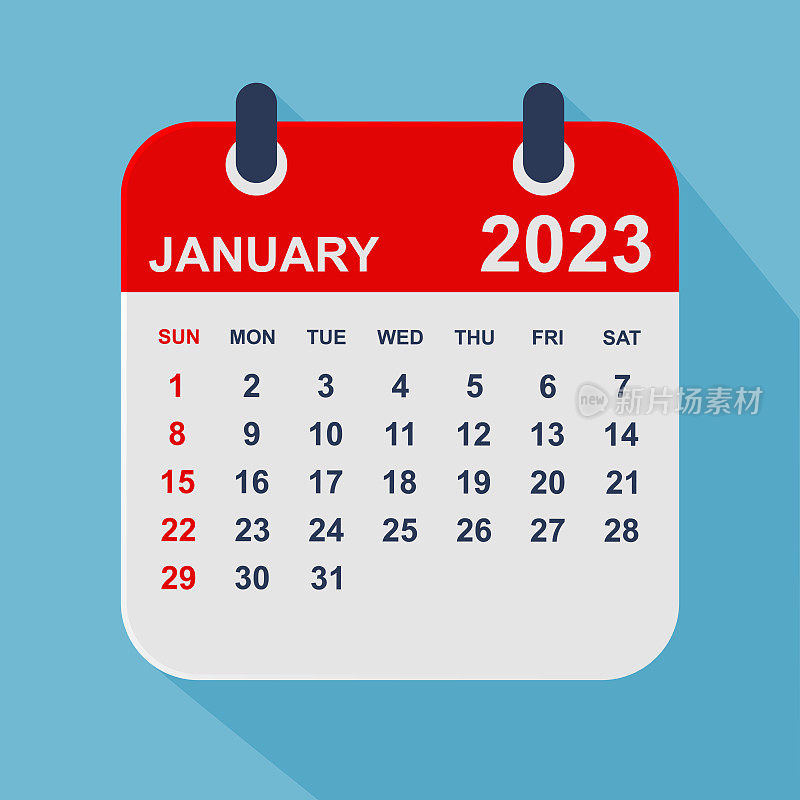 2023年1月月历叶。一周从周日开始。业务矢量图