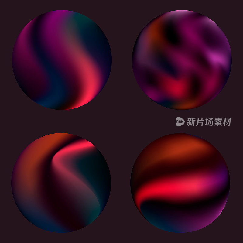 一组圆形渐变。五彩缤纷的紫色的球体。现代抽象的背景纹理。设计模板。孤立的对象。向量