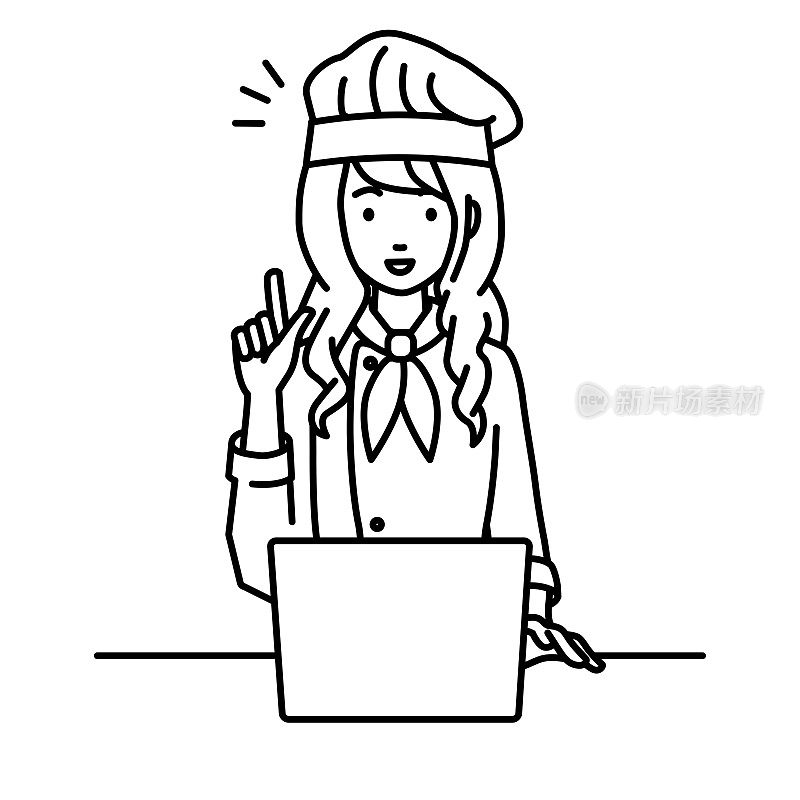 一名妇女在用笔记本电脑做饭，用手指着她的桌子想办法
