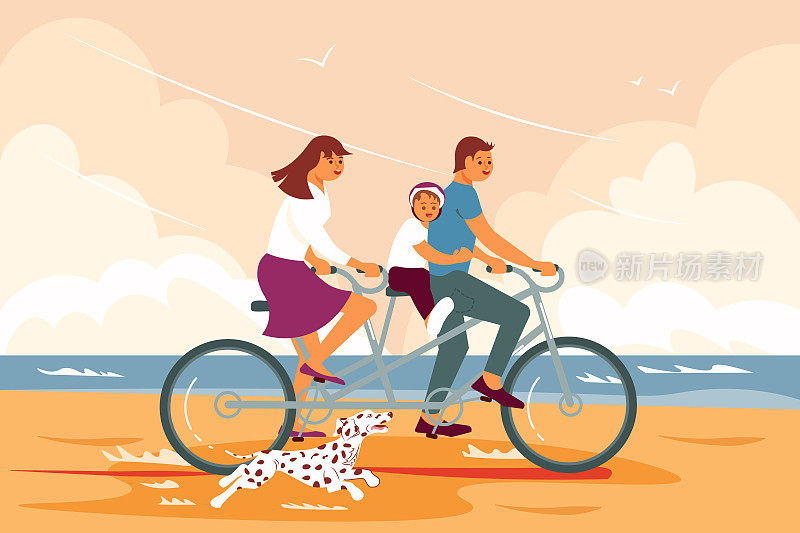 幸福的一家人骑着双人自行车在海边骑自行车