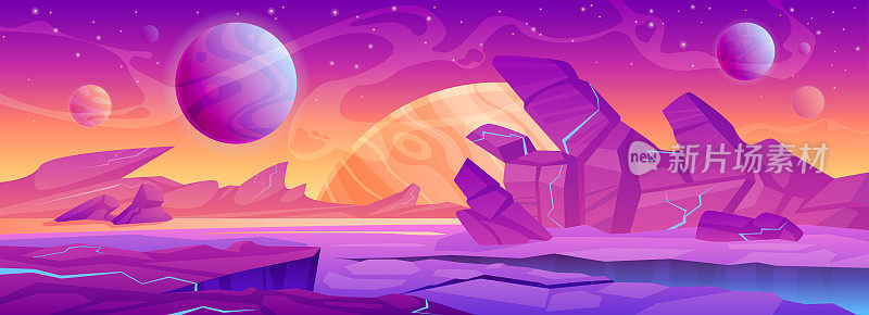 外星星球的景观，梦幻般的宇宙背景与梦幻般的紫色沙漠岩石