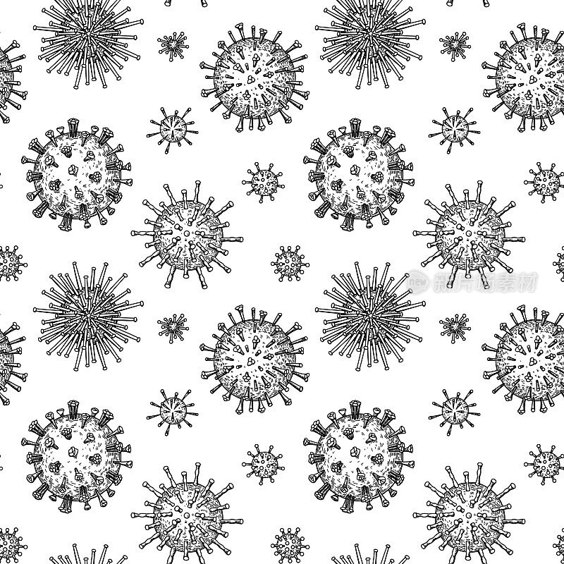 病毒无缝模式。科学手绘矢量插图素描风格。显微镜下的微生物