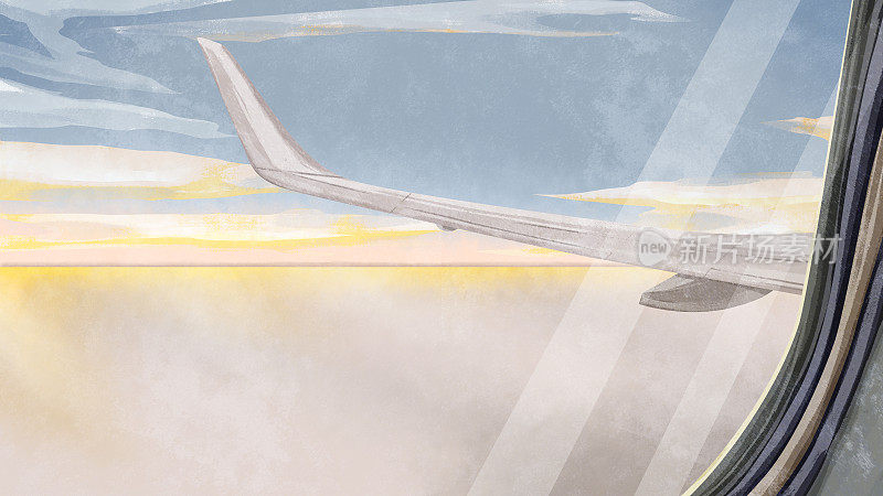 手绘水彩风格的插图从飞机窗口看到的风景