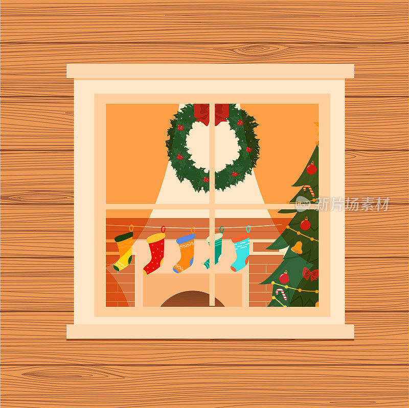 圣诞客厅通过窗户在木制的家。客厅有壁炉，袜子，云杉。矢量插图。