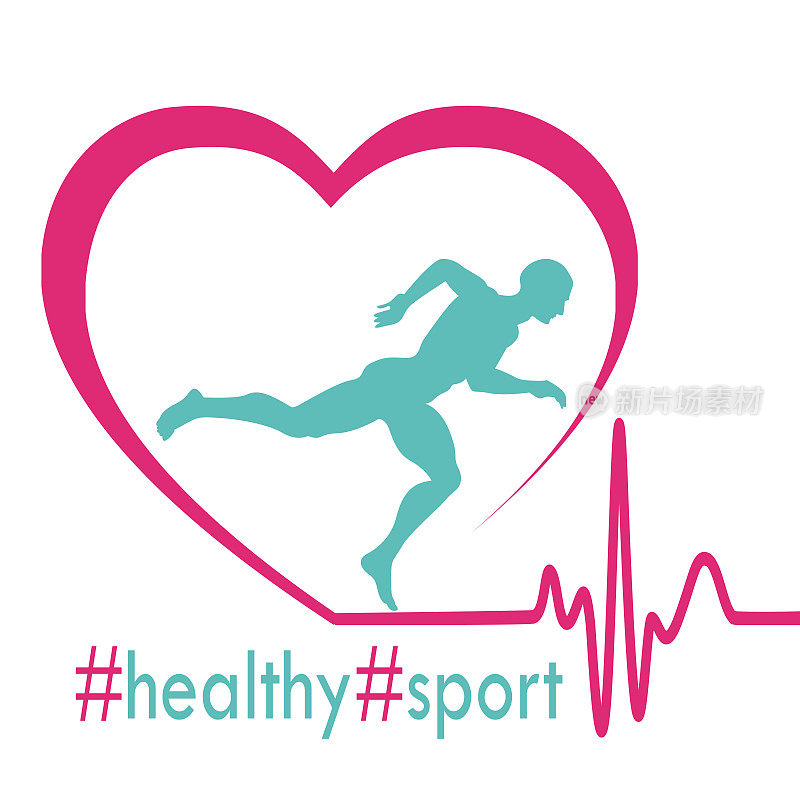 有氧运动，运动健康理念，平实风格。在孤立的白色背景上，运动中的男性运动员的心脏跳动。