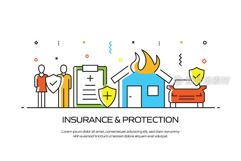 保险和保护相关的线风格横幅设计网页，标题，小册子，年度报告和书籍封面