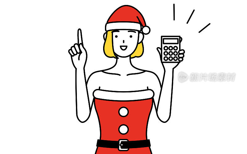 简单的线条插画，一个女人打扮成圣诞老人拿着一个计算器和指向。