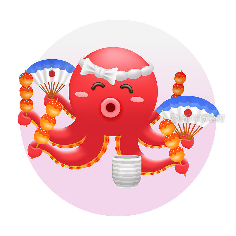 日本食物，红色章鱼拿着章鱼烧的3d插画