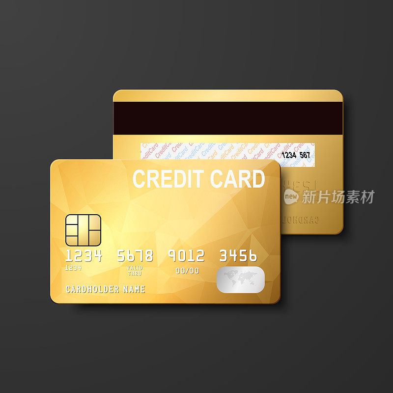 矢量3d现实黄金空白信用卡隔离。设计模板的塑料信用卡或借记卡的模型，品牌。信用卡支付概念。正面和背面