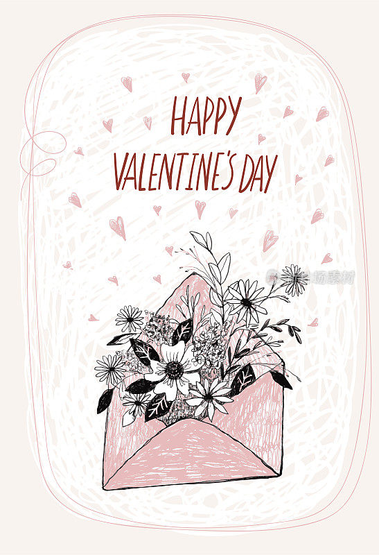 情人节快乐，信封装鲜花，手绘，可爱铅笔卡片。浪漫和爱情的概念。矢量草图隔离在白色背景上。