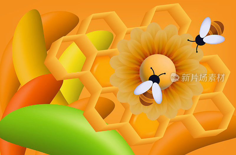 蜜蜂带着花在养蜂场采蜜。矢量3d插图，橙色背景。昆虫给花授粉。草木草甸，环境优美。蜜蜂采集花粉。