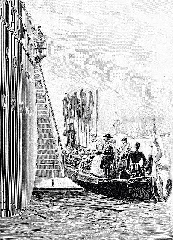 德国皇帝威廉二世夫妇在圣彼得堡访问，欢迎船在舷梯等待