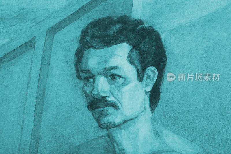 插图水彩肖像胡须男子与黑色短发在蓝色的背景