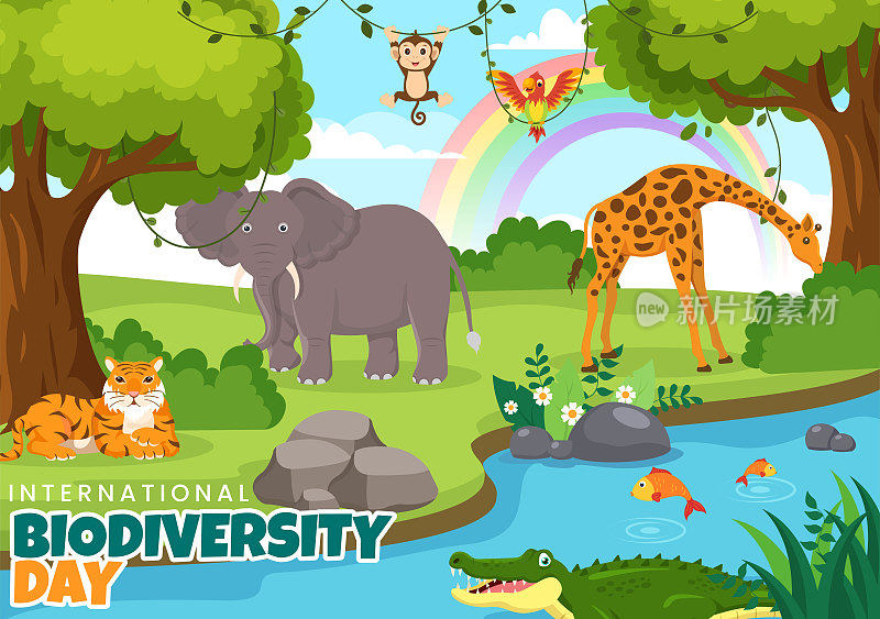 5月22日世界生物多样性日用平面卡通手绘的生物多样性、地球和动物插图作为登录页模板
